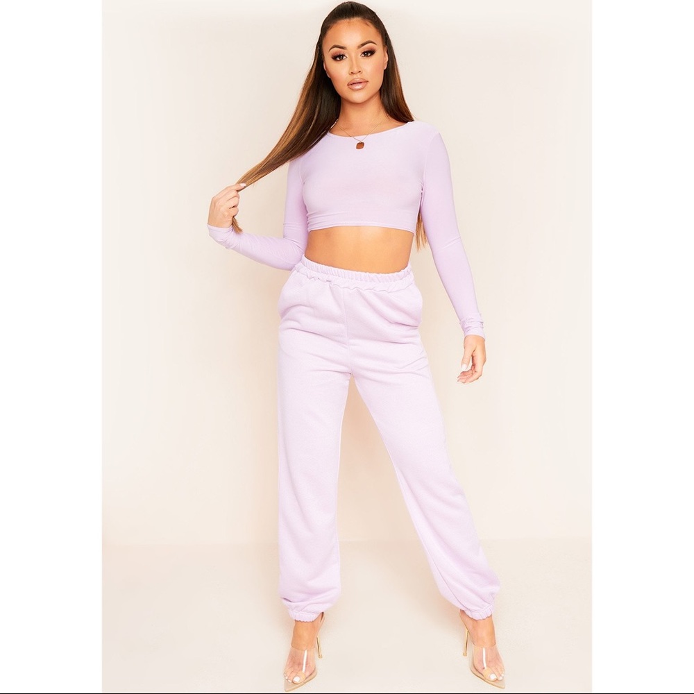 Lilac crop top and high waisted joggers set